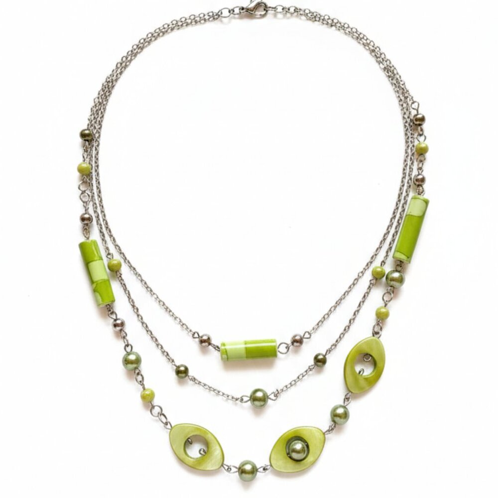 CREATION - 3 layers necklace - Green - silver chains